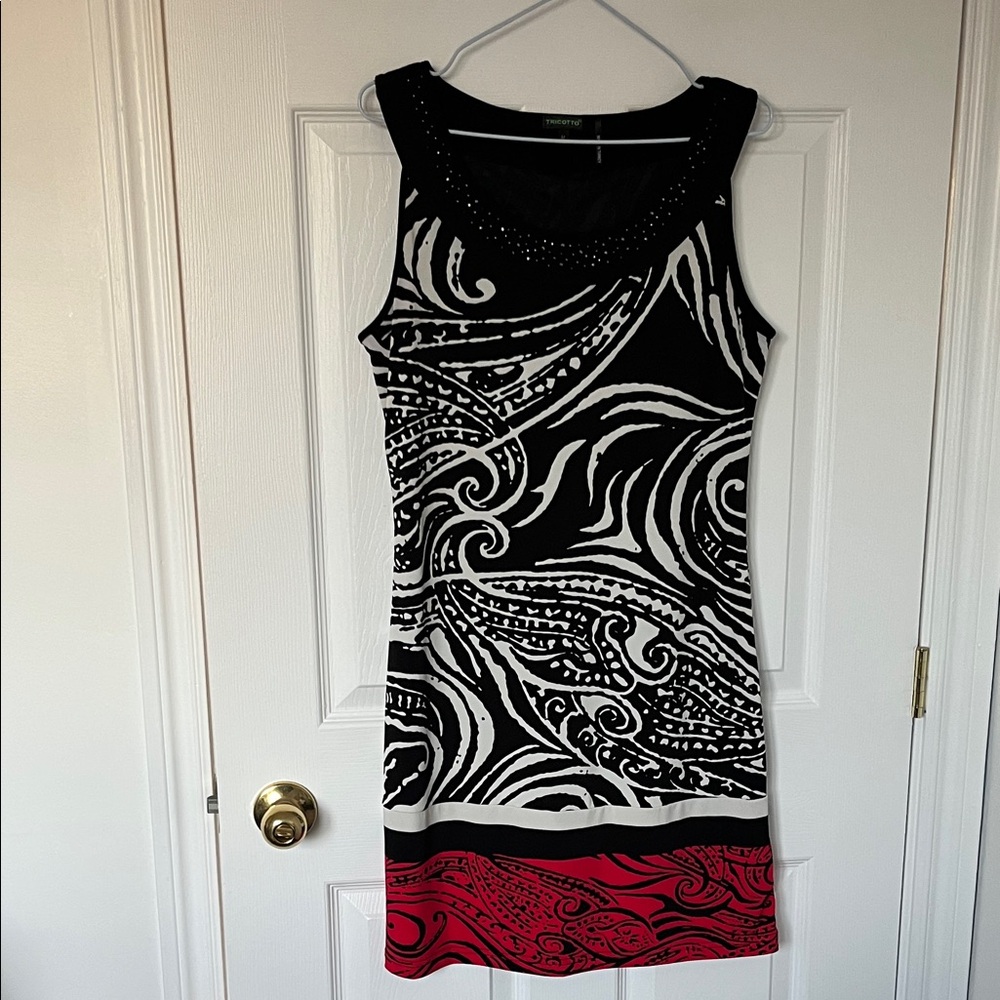 Tricotto Black and White Swirl Dress with Red Trim